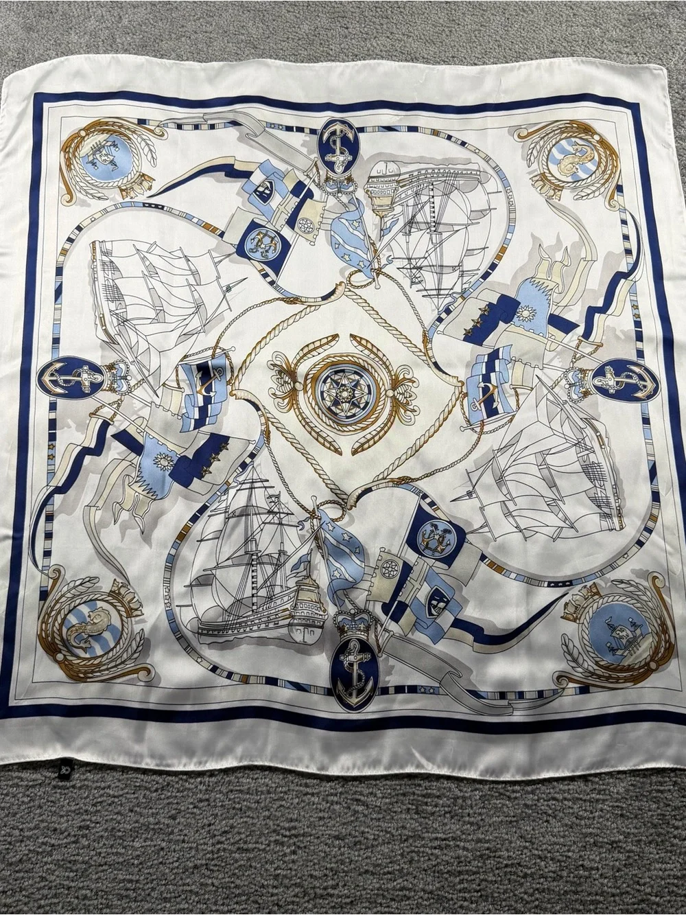 Source Unknown Nautical-Print Silk-Feel Neck Scarf in White, Navy & Gold